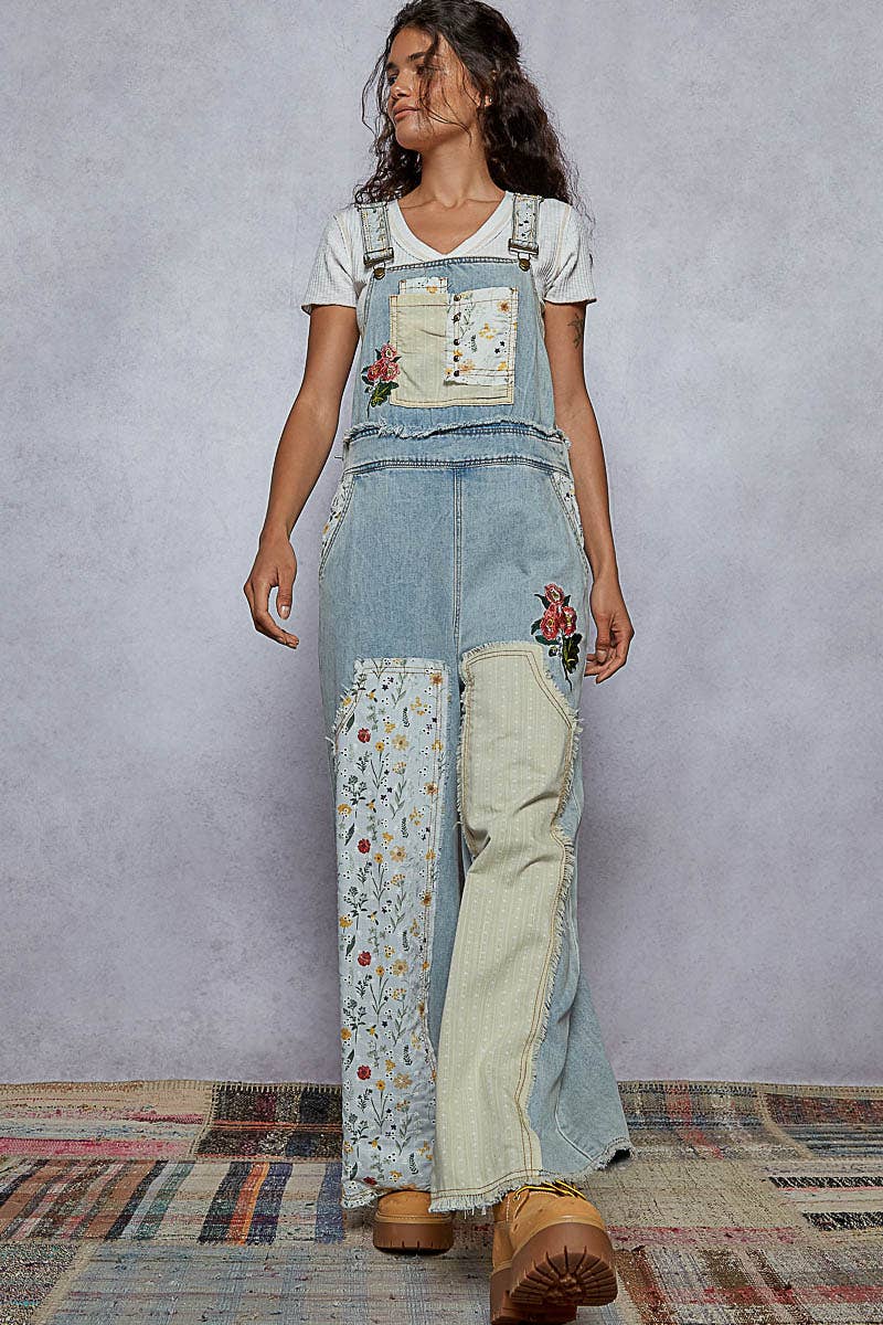 Oversized Patchwork Twill Overall with Embroidery – Soft Denim