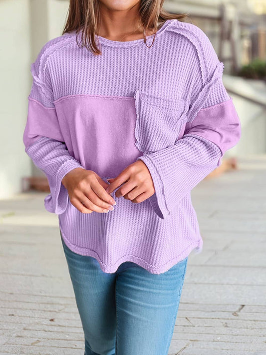 Knit Contrast Textured Patchwork Long Sleeve Top