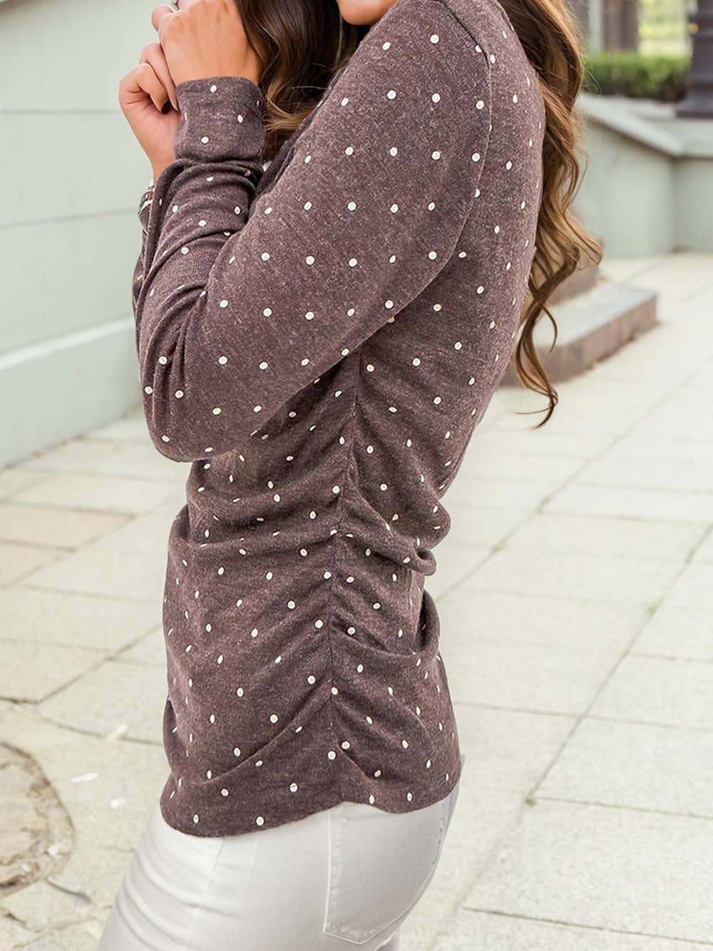 Polka Dot Boat Neck Knit Long Sleeve T-Shirt – Dark Brown & Jet Stream