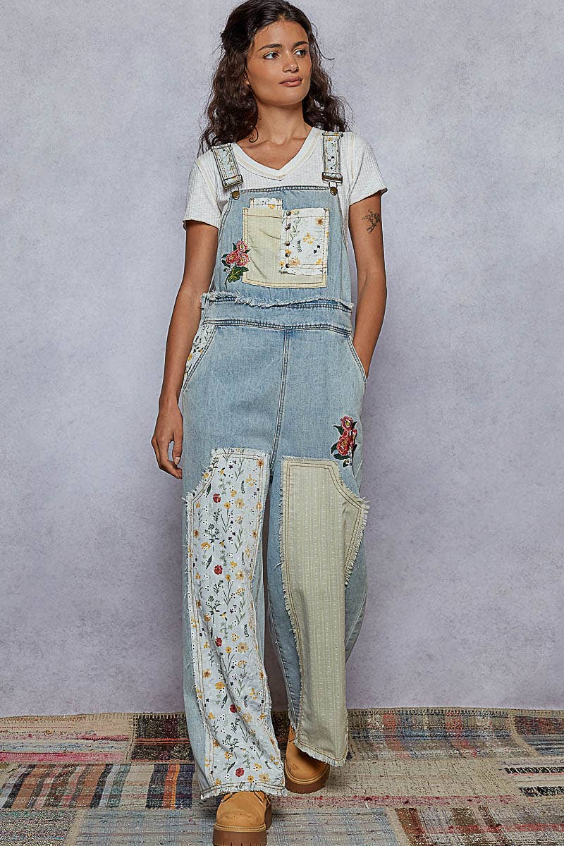 Oversized Patchwork Twill Overall with Embroidery – Soft Denim