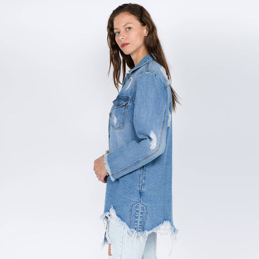 Distressed Denim Shirt Jacket Button Front Raw Hem Casual Jean Style