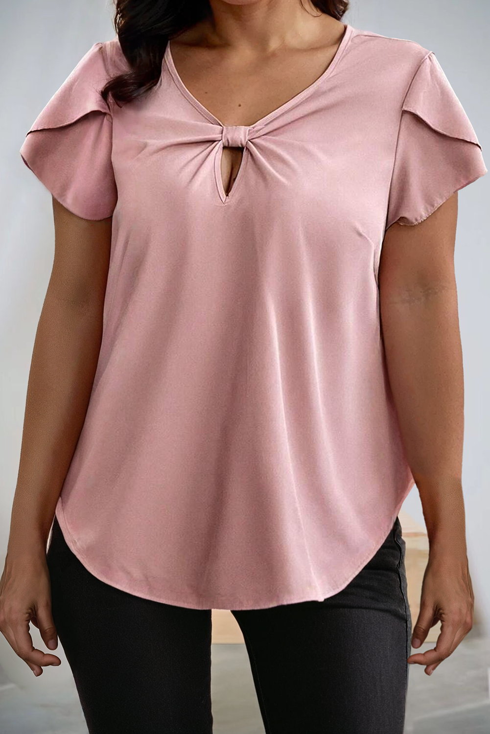 Knotted Keyhole Front Petal Short Sleeve Top