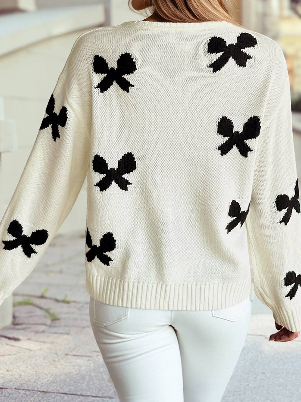 Lace-Up Bow Pattern Sweater Cardigan – White
