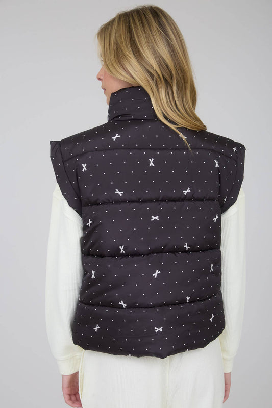 Polka Dot Bow Print Zip-Up Puffer Vest-Black