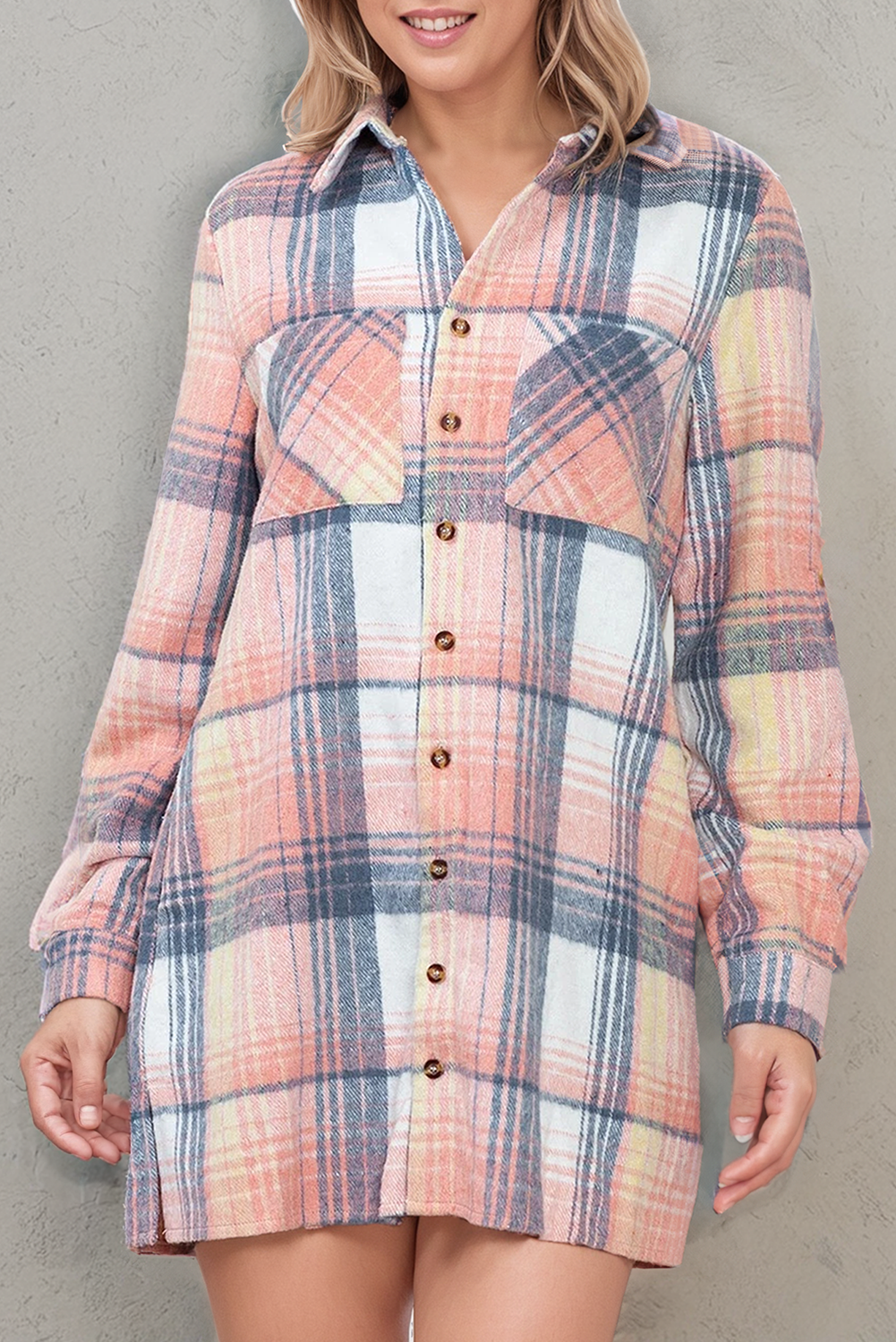 Plaid Side Slit Roll-tab Sleeve Shirt Dress (