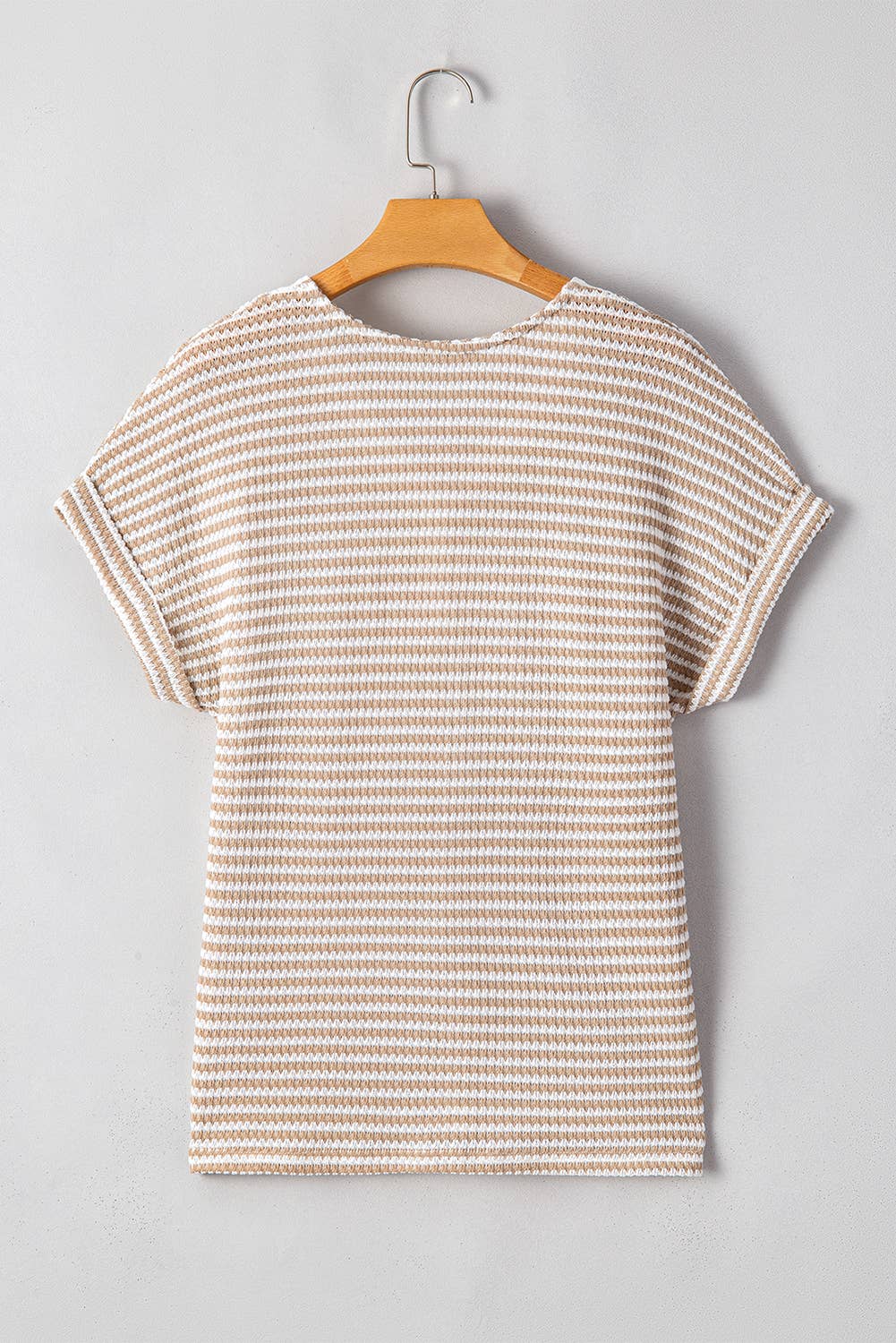 Stripe Buttoned Front V Neck Knitted T Shirt: Beige / Missy / L