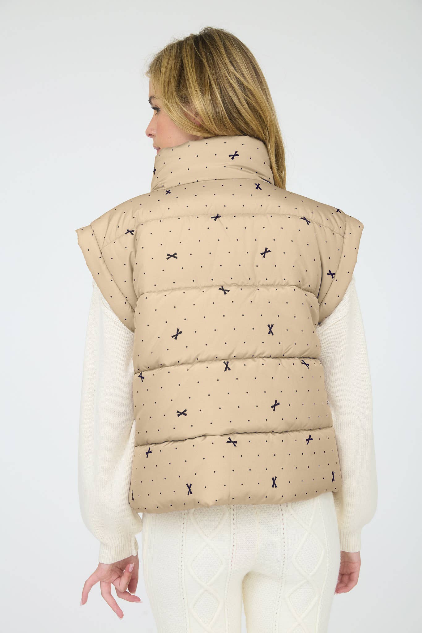 POLKA DOT BOW PATTERN ZIP-UP PUFFER VEST