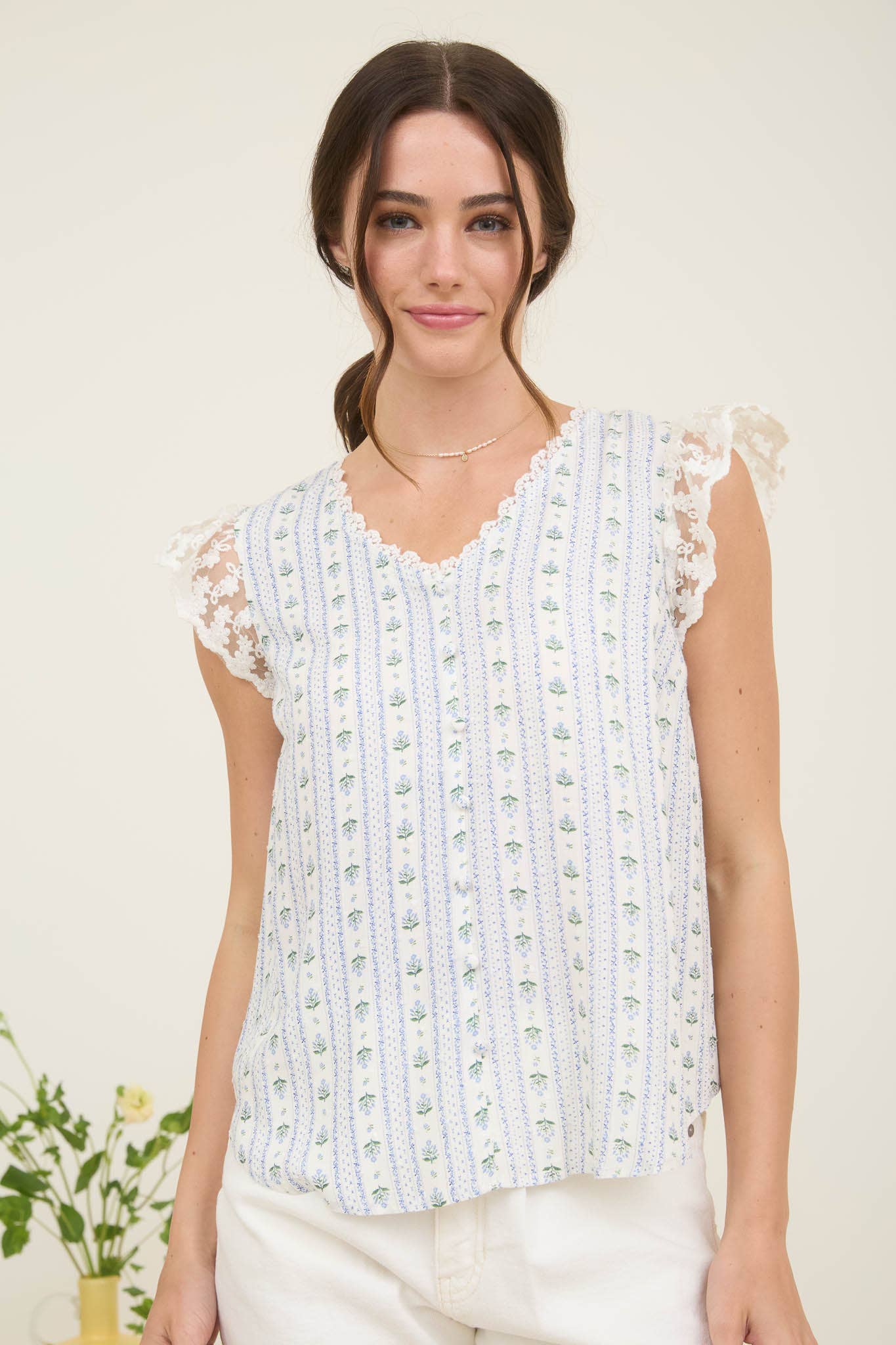 STRIPE FLORAL V NECK LACE TRIM BUTTON DOWN BLOUSE