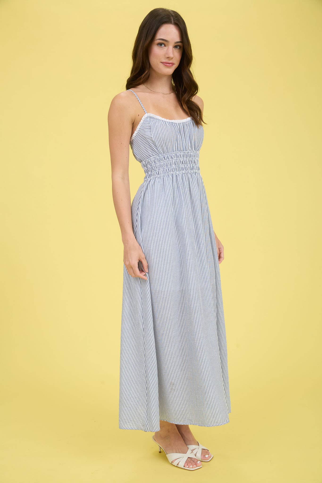 STRIPE LACE TRIM SPAGHETTI STRAP MIDI DRESS