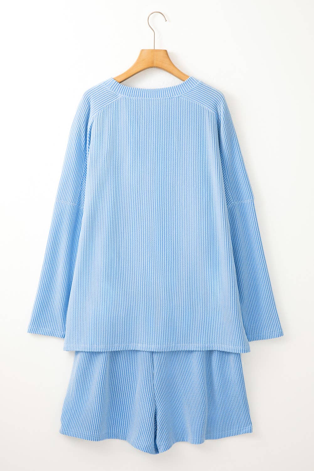 Textured Long Sleeve Top Drawstring Shorts Set