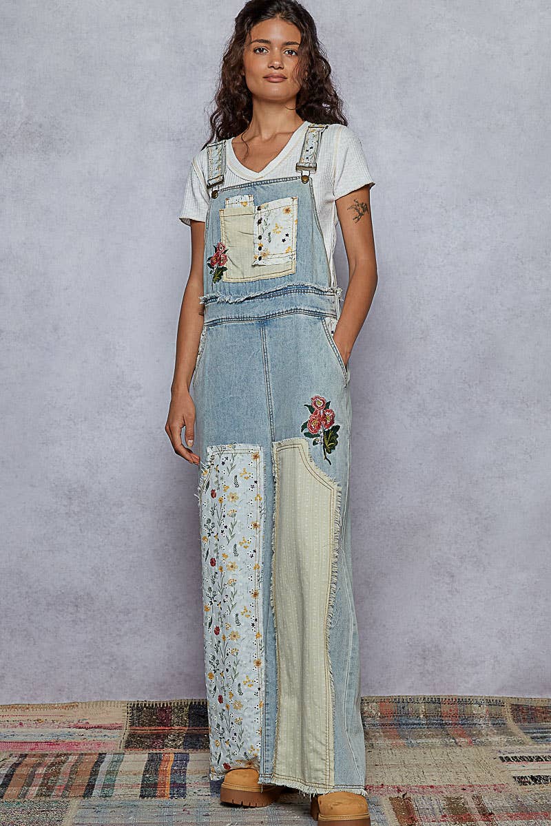 Oversized Patchwork Twill Overall with Embroidery – Soft Denim