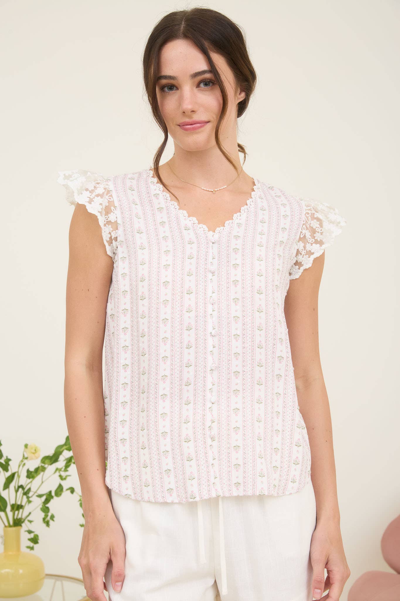 STRIPE FLORAL V NECK LACE TRIM BUTTON DOWN BLOUSE