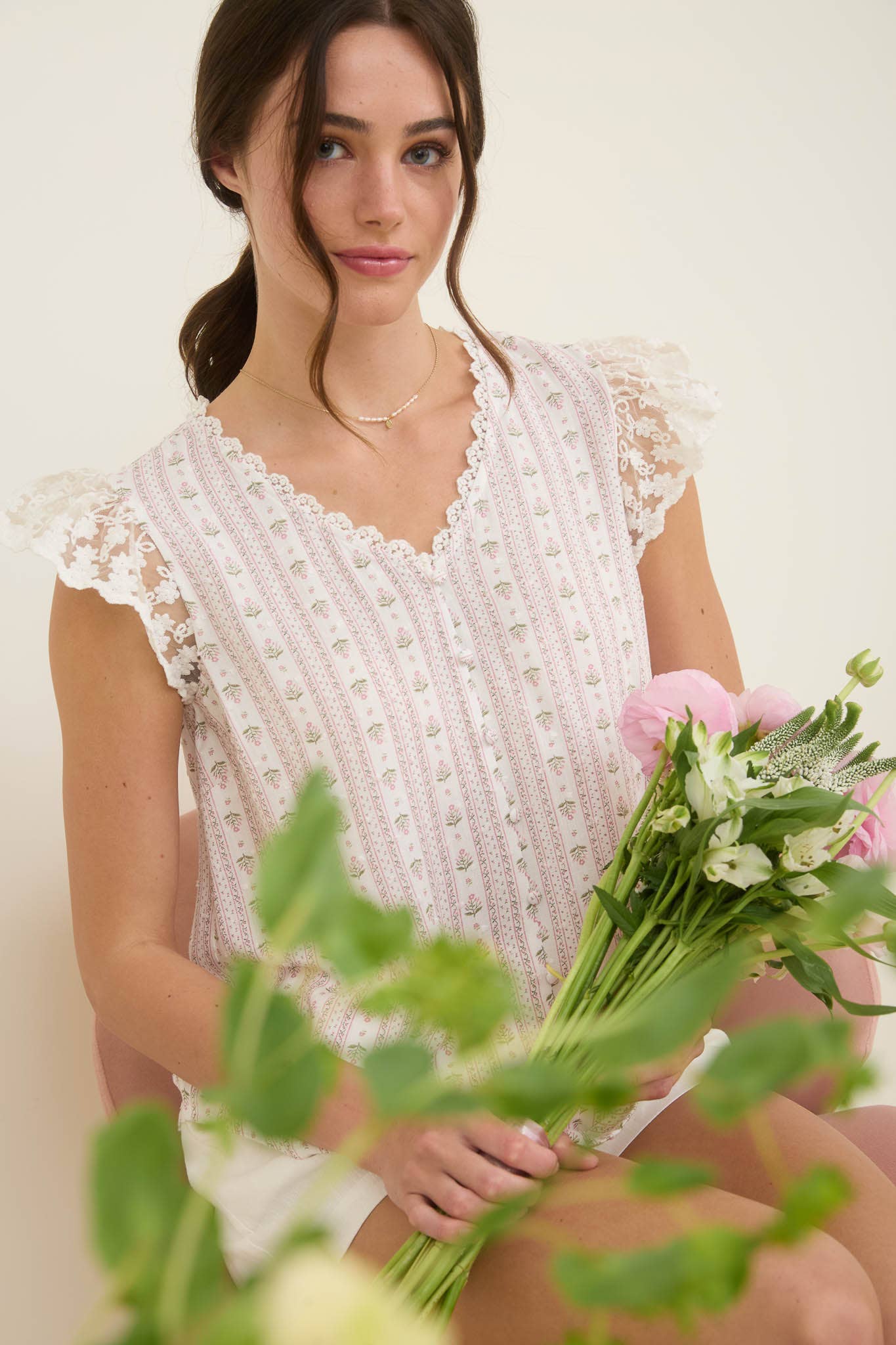 STRIPE FLORAL V NECK LACE TRIM BUTTON DOWN BLOUSE