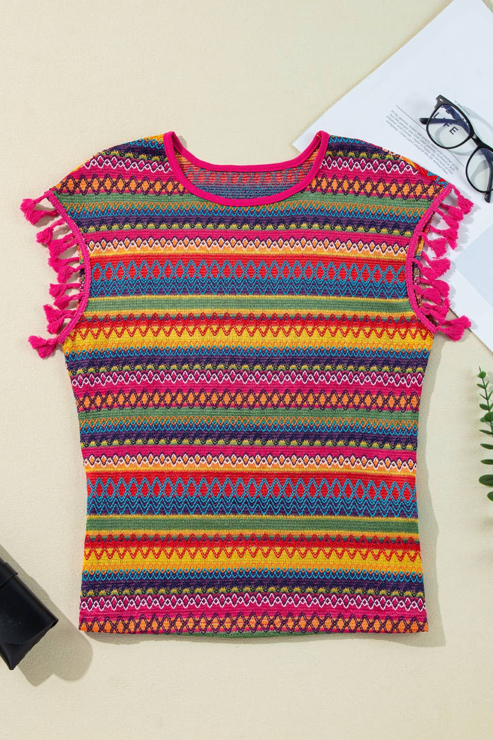 Jacquard Textured Tasseled Cap Sleeve Top