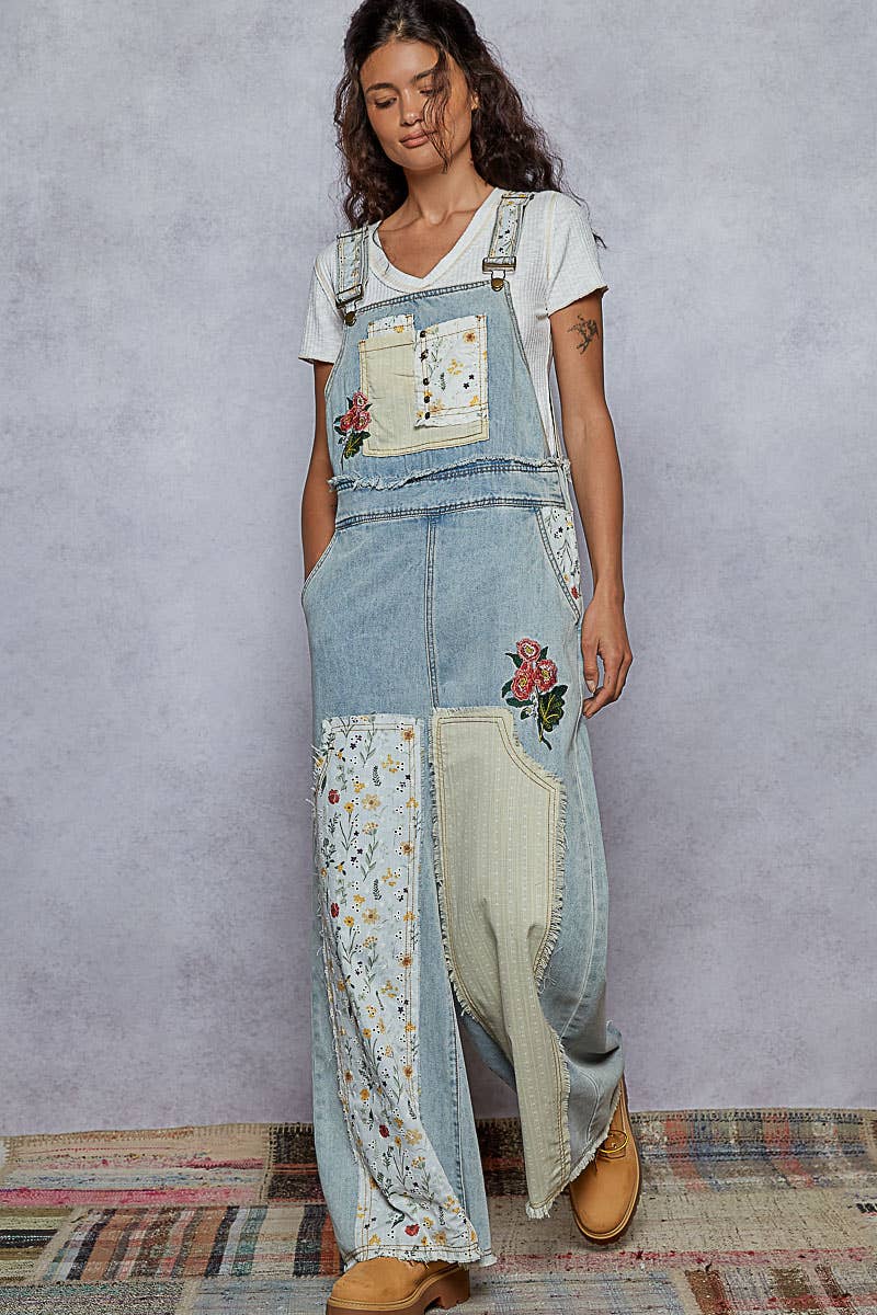 Oversized Patchwork Twill Overall with Embroidery – Soft Denim