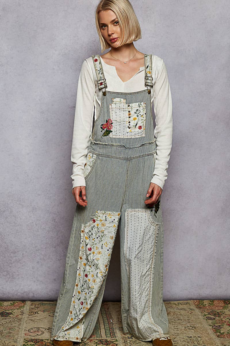 Oversized Patchwork Twill Overall with Embroidery – Soft Denim