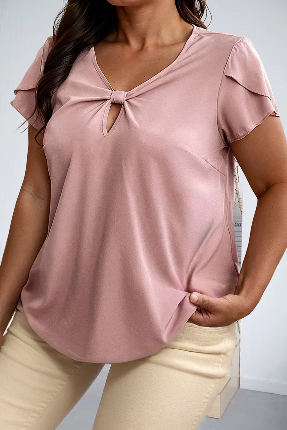 Knotted Keyhole Front Petal Short Sleeve Top