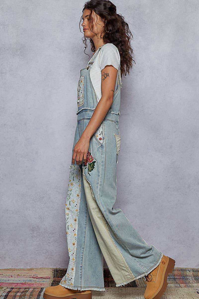 Oversized Patchwork Twill Overall with Embroidery – Soft Denim