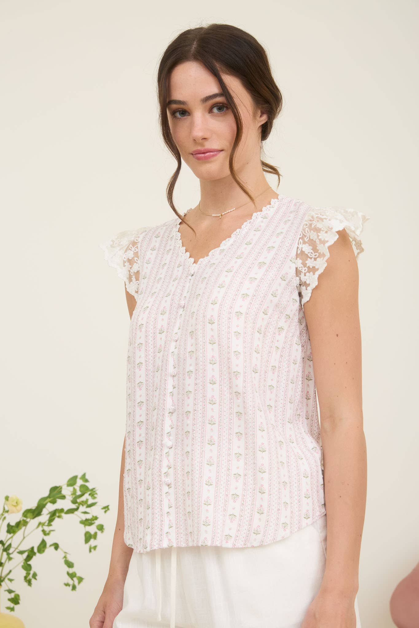 STRIPE FLORAL V NECK LACE TRIM BUTTON DOWN BLOUSE
