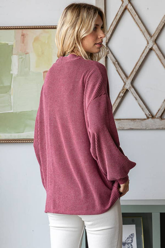 Burgundy Ribbed Drop Shoulder Button Balloon Sleeve Cardigan
