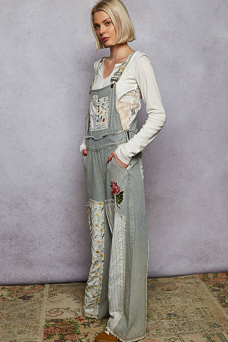 Oversized Patchwork Twill Overall with Embroidery – Soft Denim
