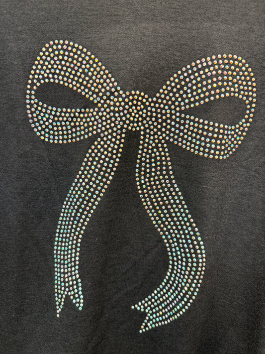 Black Ribbed Sleeve Top with Rhinestone Ribbon Detail