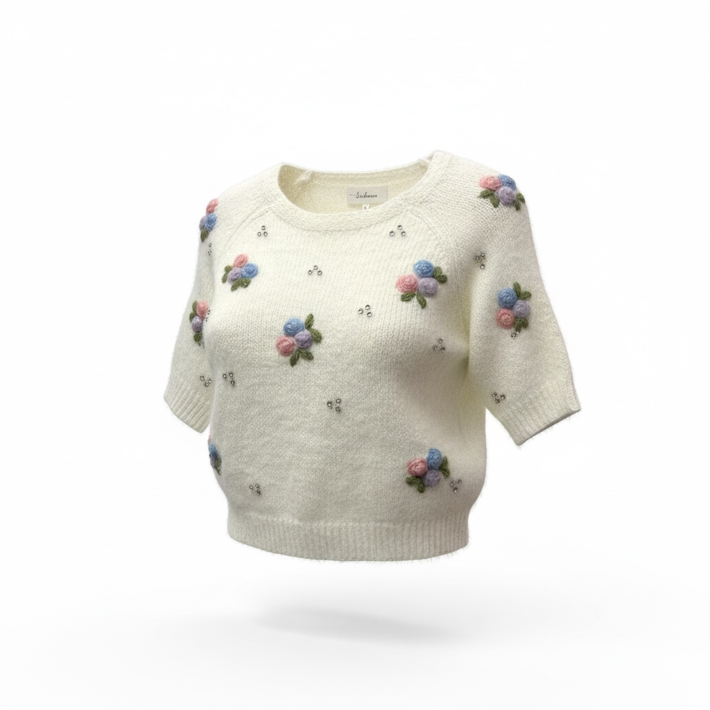 Floral Embroidered Rhinestone Short Sleeve Knit Sweater Top
