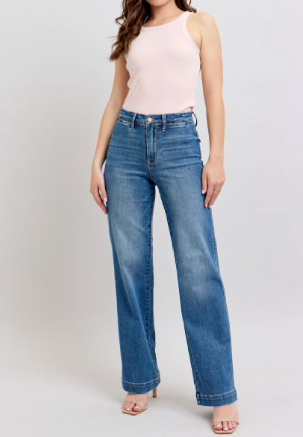 Judy Blue High-Waisted Straight-Leg Jeans with Contrast Pink Stitching