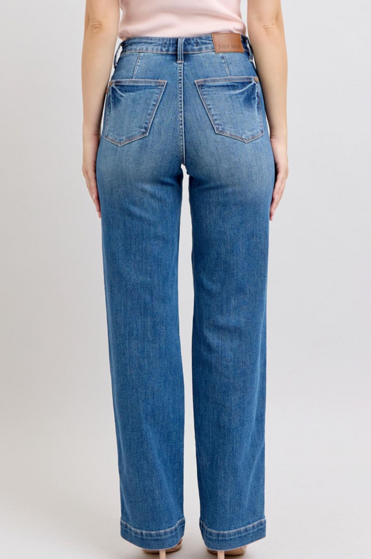 Judy Blue High-Waisted Straight-Leg Jeans with Contrast Pink Stitching