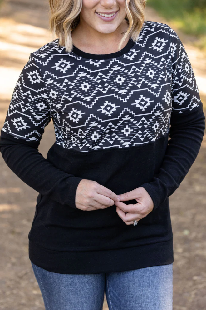 Black Geometric Pullover Sweatshirt