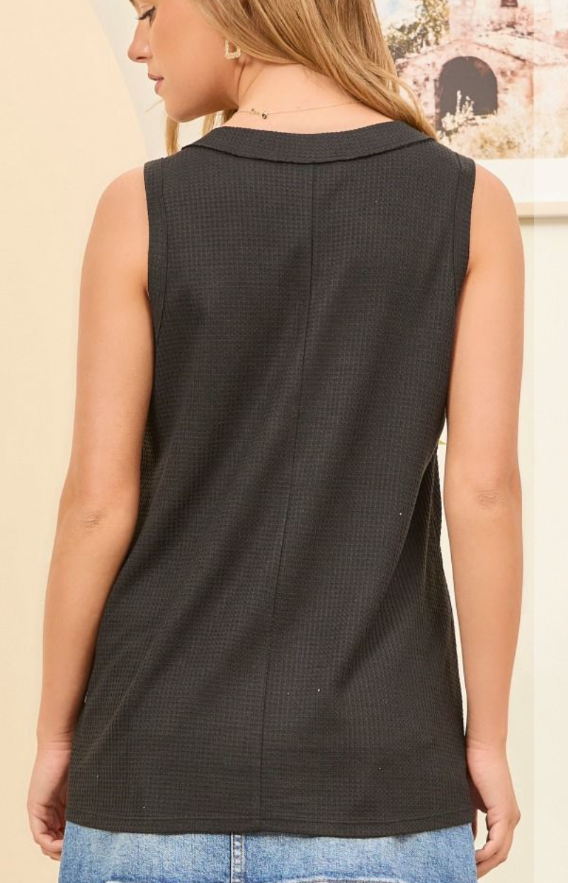 Waffle Sleeveless Top with Button Down Detail