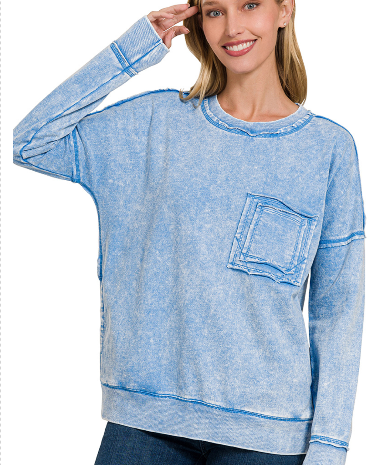 French Terry Washed Raw Edge Front Pocket Pullover with Double Back Seams