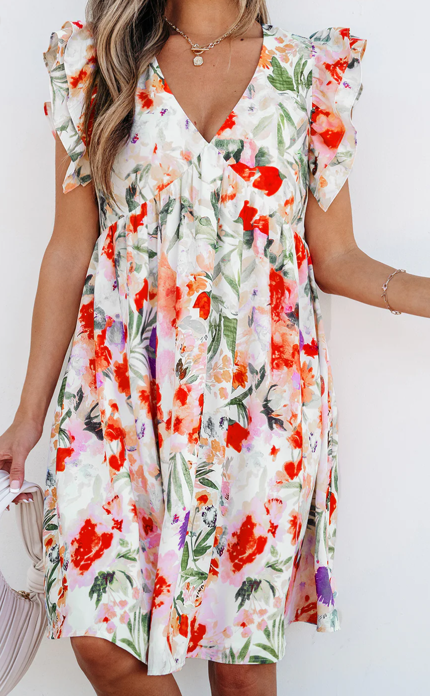 Pink Floral Ruffle Sleeve Mini Dress