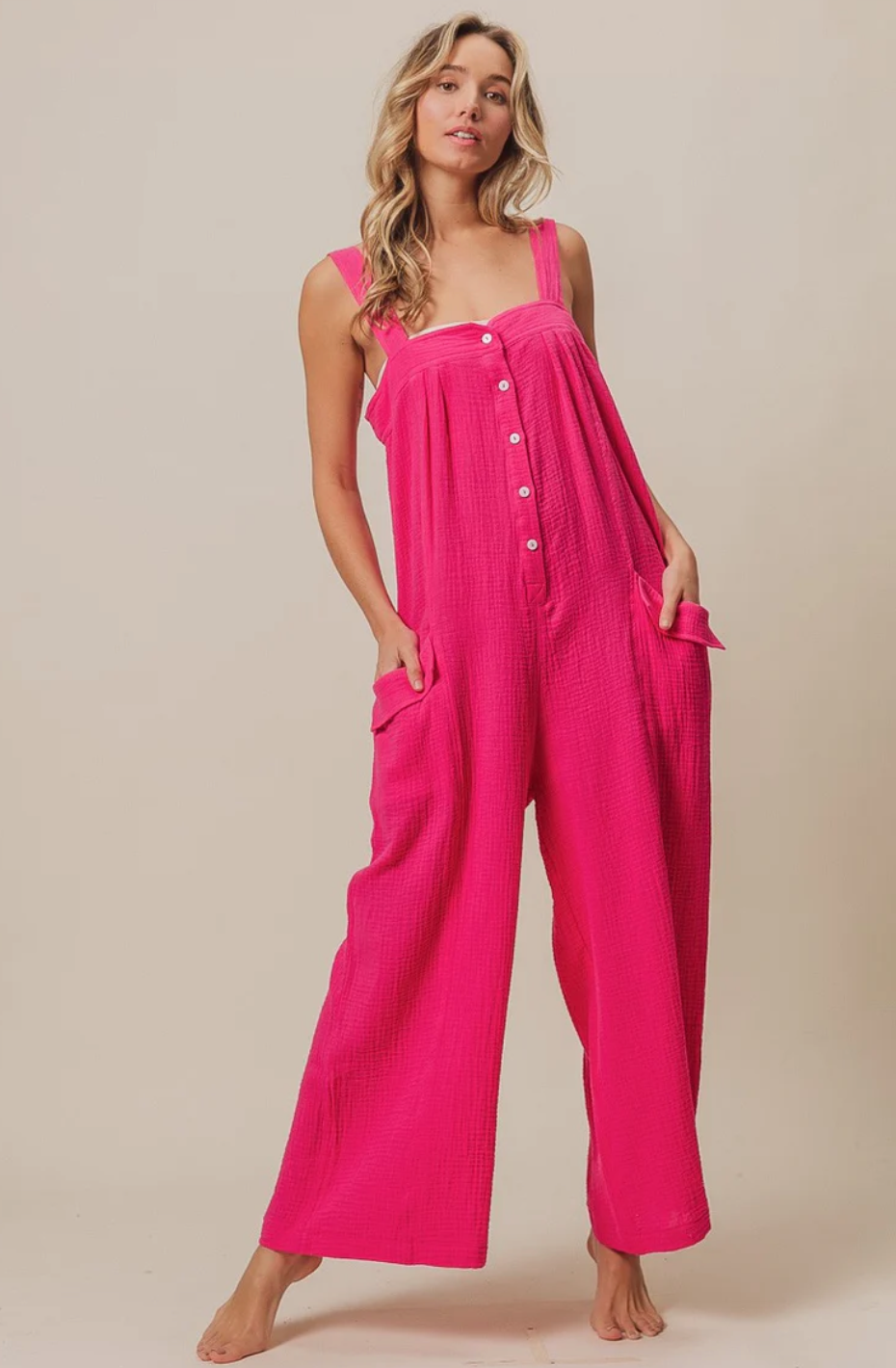 GAUZE BUTTONED UP OVERALL JUMPSUIT WITH POCKETS