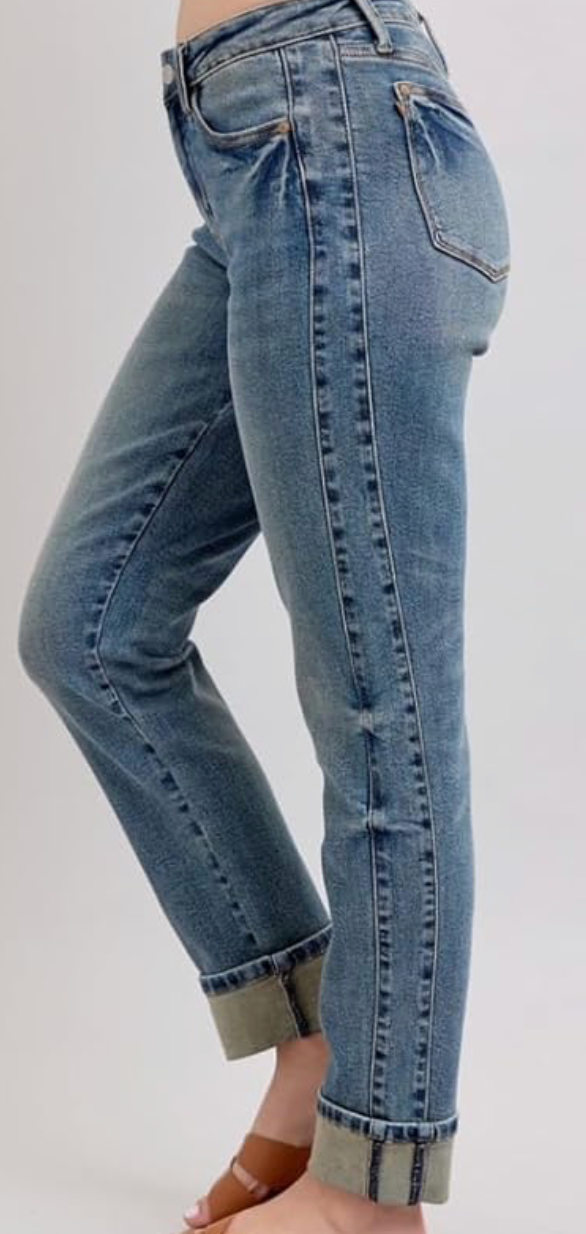 Judy Blue Mid-Rise Vintage Wash Cuffed Boyfriend Jeans