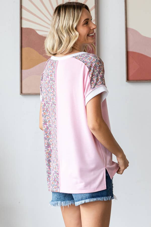 Floral Half Panel Detail Button Front Short Sleeve Top