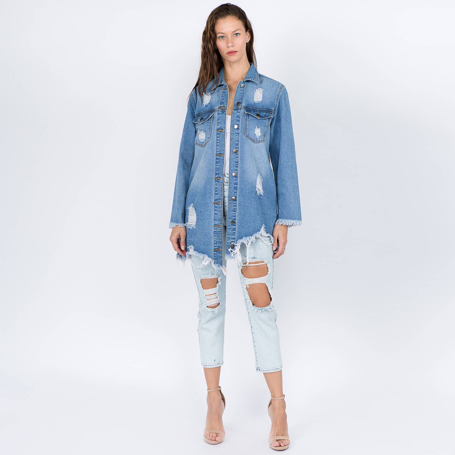 Distressed Denim Shirt Jacket Button Front Raw Hem Casual Jean Style