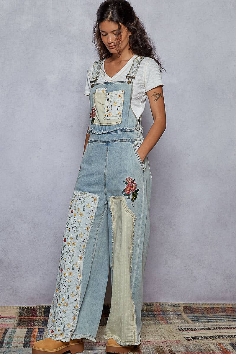 Oversized Patchwork Twill Overall with Embroidery – Soft Denim