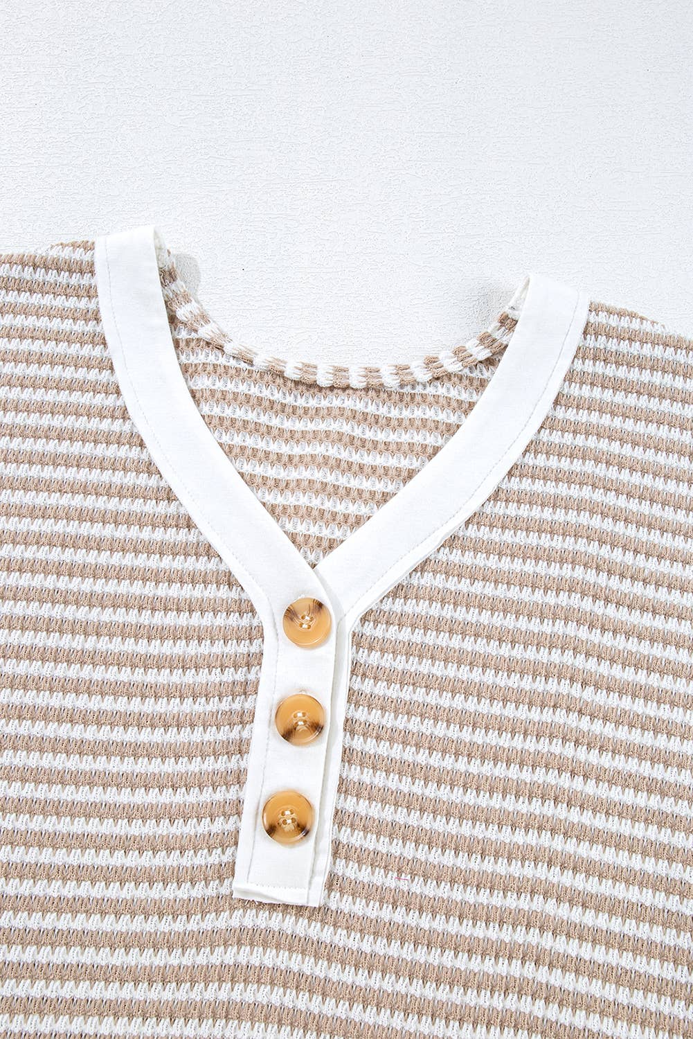 Stripe Buttoned Front V Neck Knitted T Shirt: Beige / Missy / L