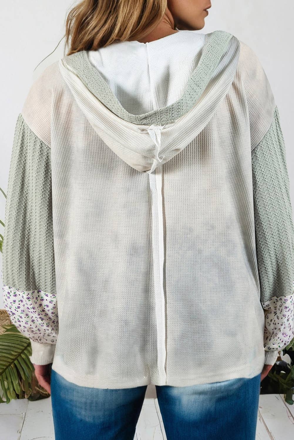 Floral Patch Waffle Colorblock Hooded Top