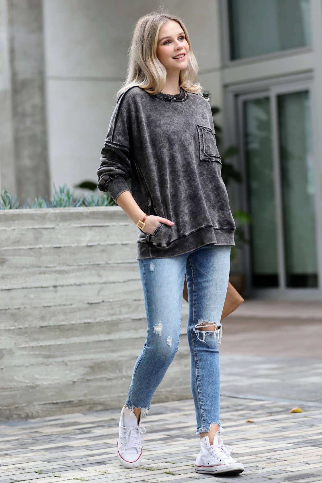 French Terry Washed Raw Edge Pullover