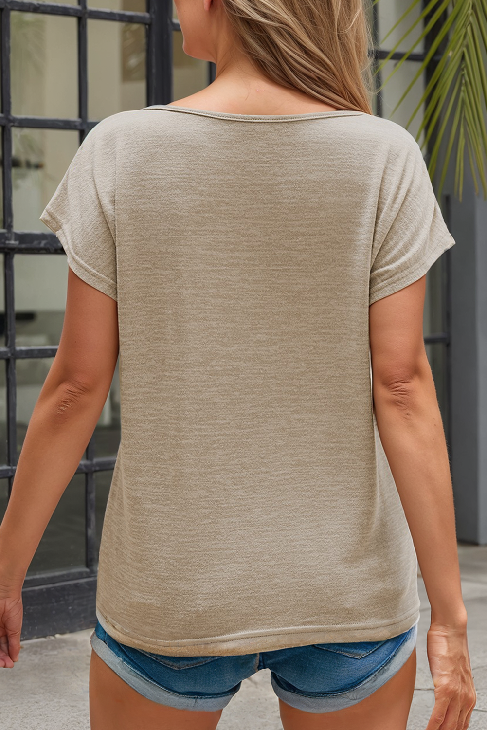 Button Batwing Sleeve Round Neck Casual Tee