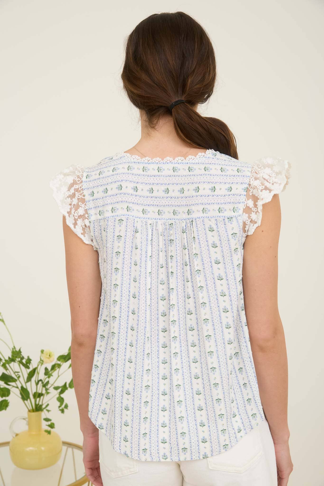 STRIPE FLORAL V NECK LACE TRIM BUTTON DOWN BLOUSE