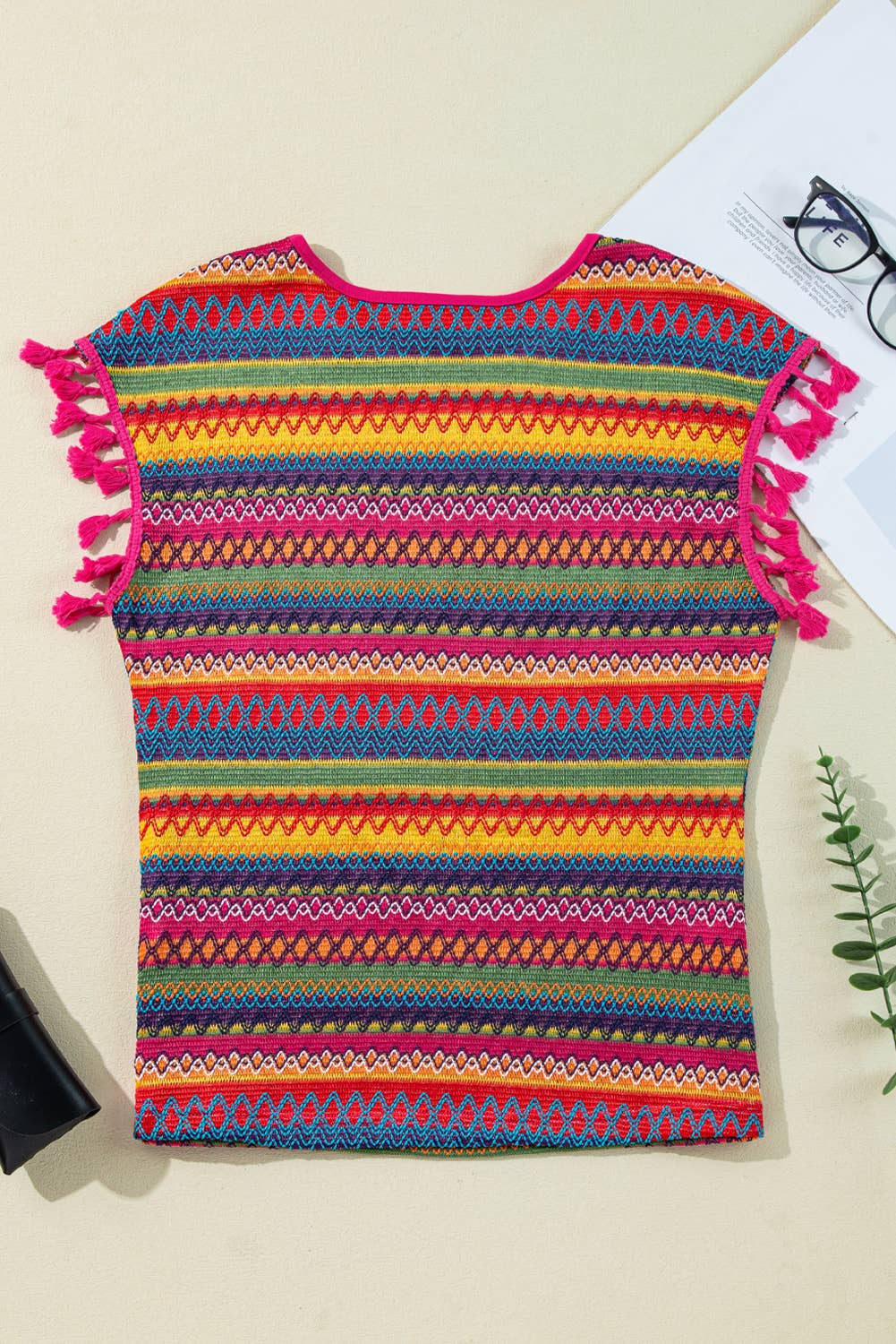 Jacquard Textured Tasseled Cap Sleeve Top