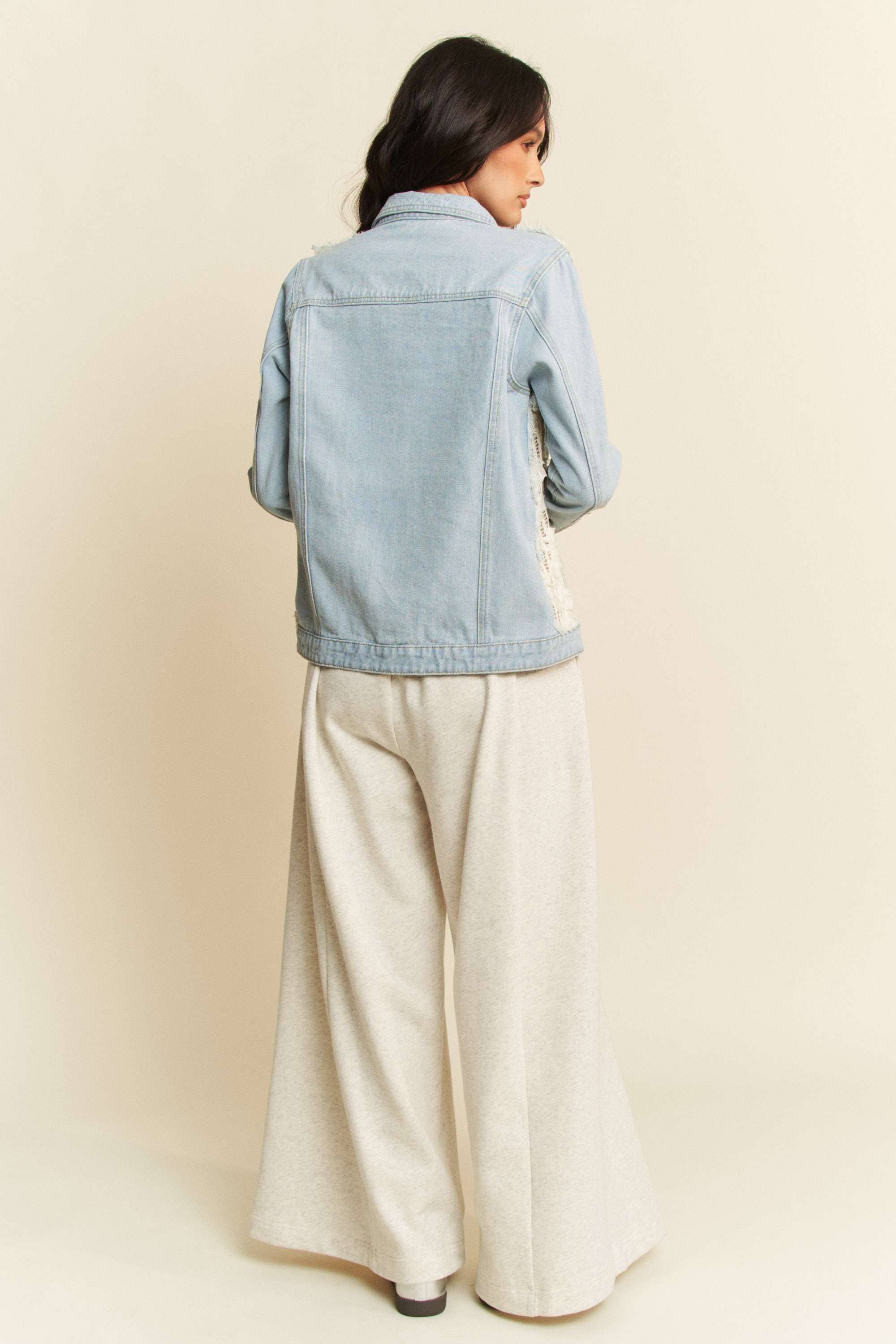 FRAYED LACE PANEL DENIM JACKET