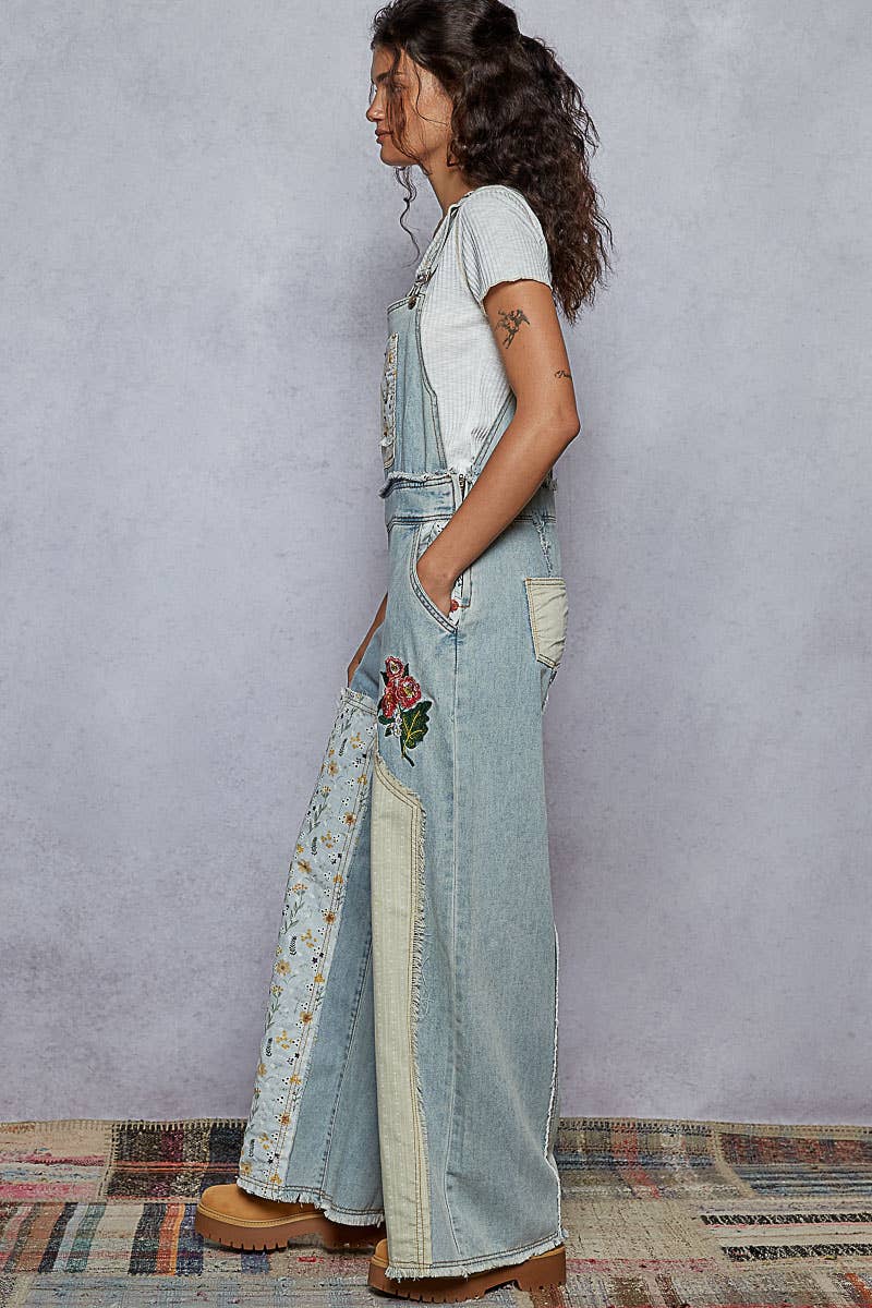 Oversized Patchwork Twill Overall with Embroidery – Soft Denim