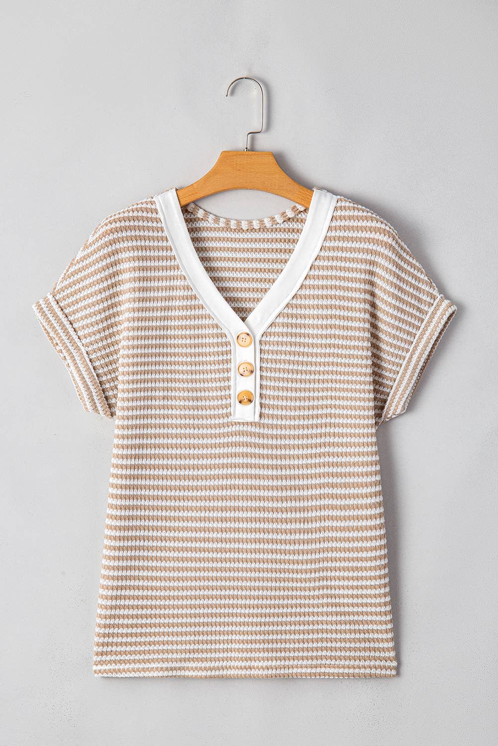 Stripe Buttoned Front V Neck Knitted T Shirt: Beige / Missy / L