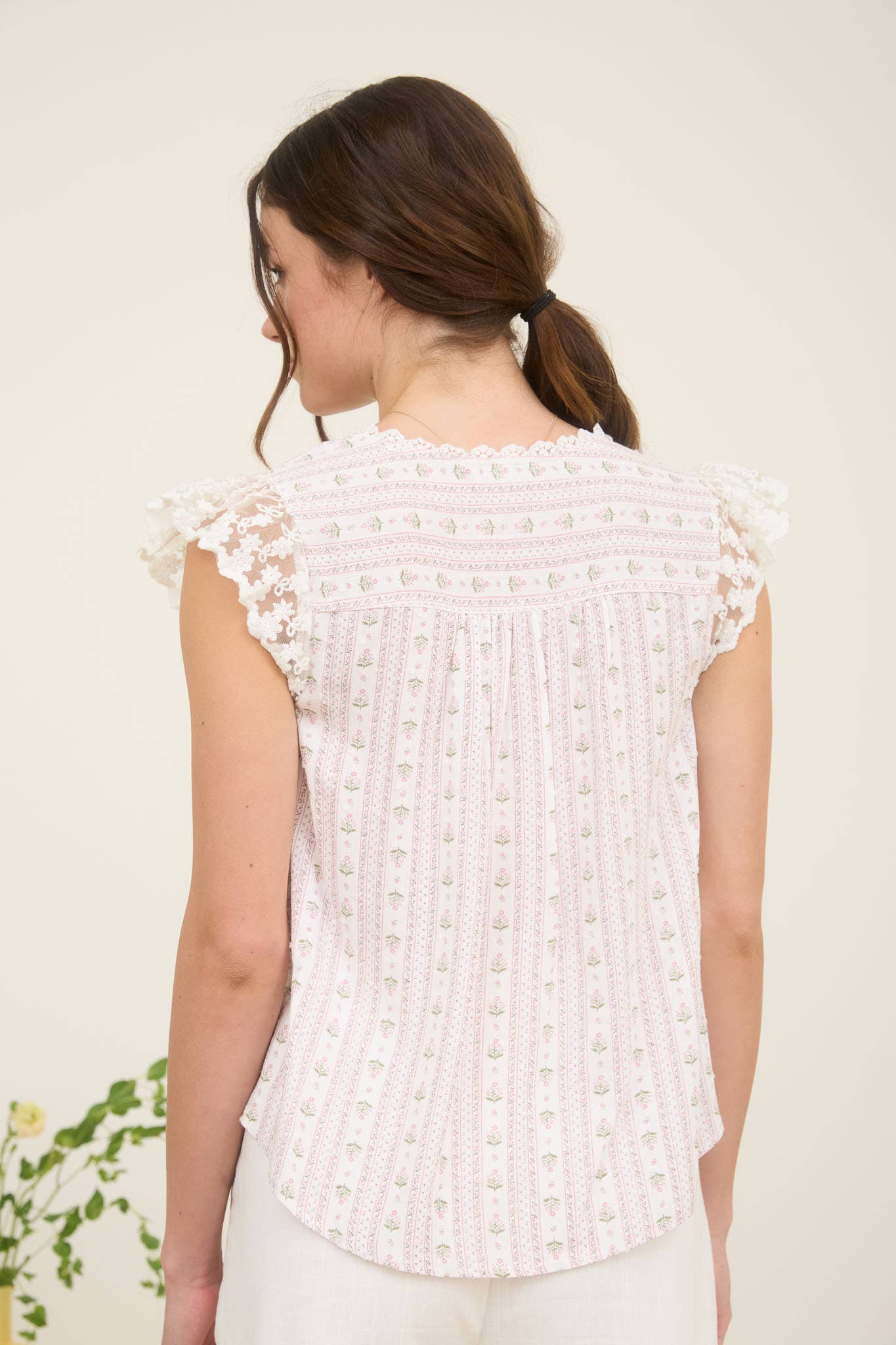 STRIPE FLORAL V NECK LACE TRIM BUTTON DOWN BLOUSE