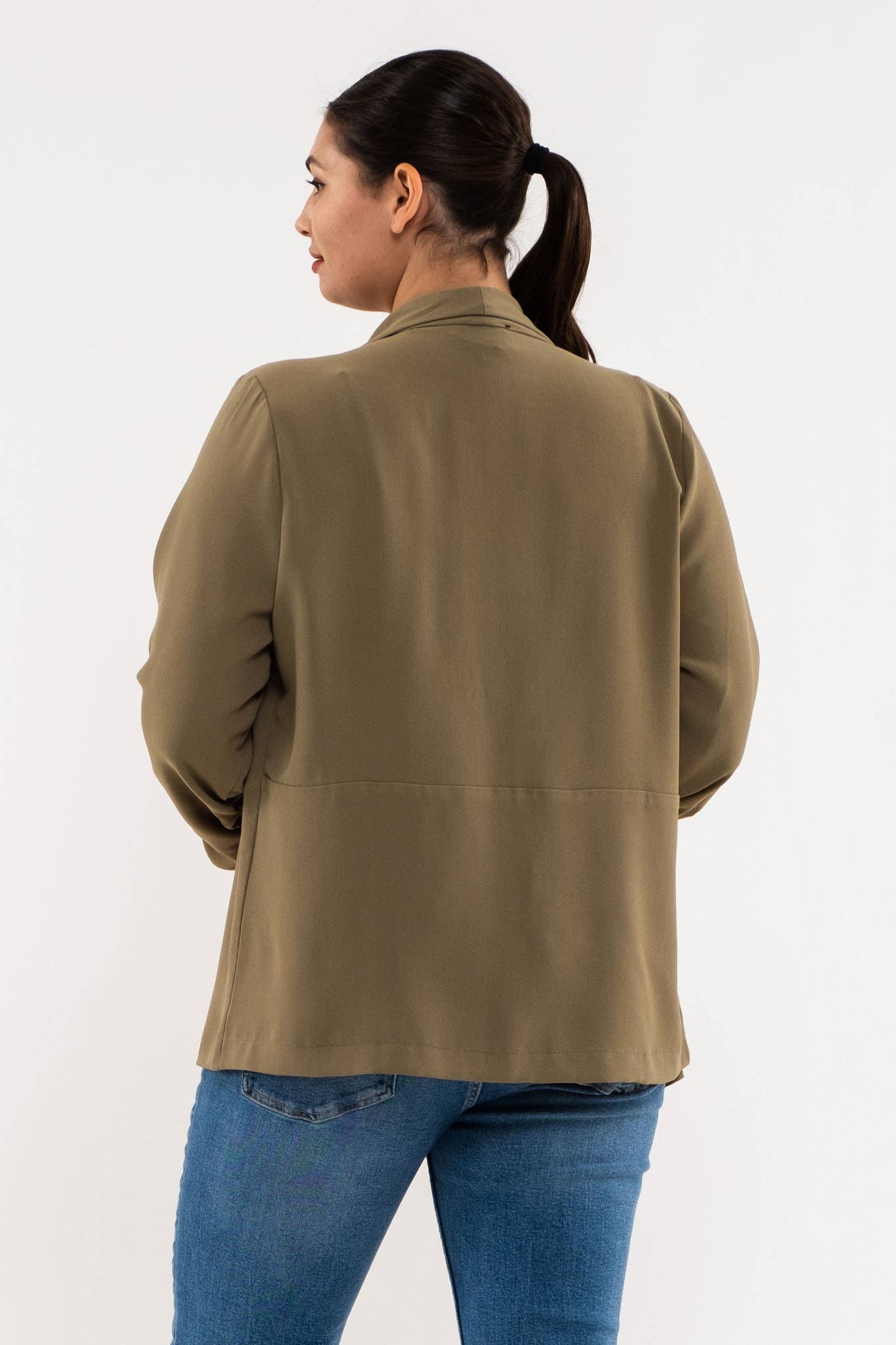 Ruched Sleeve 3/4 Length Blazer with Draped Collar