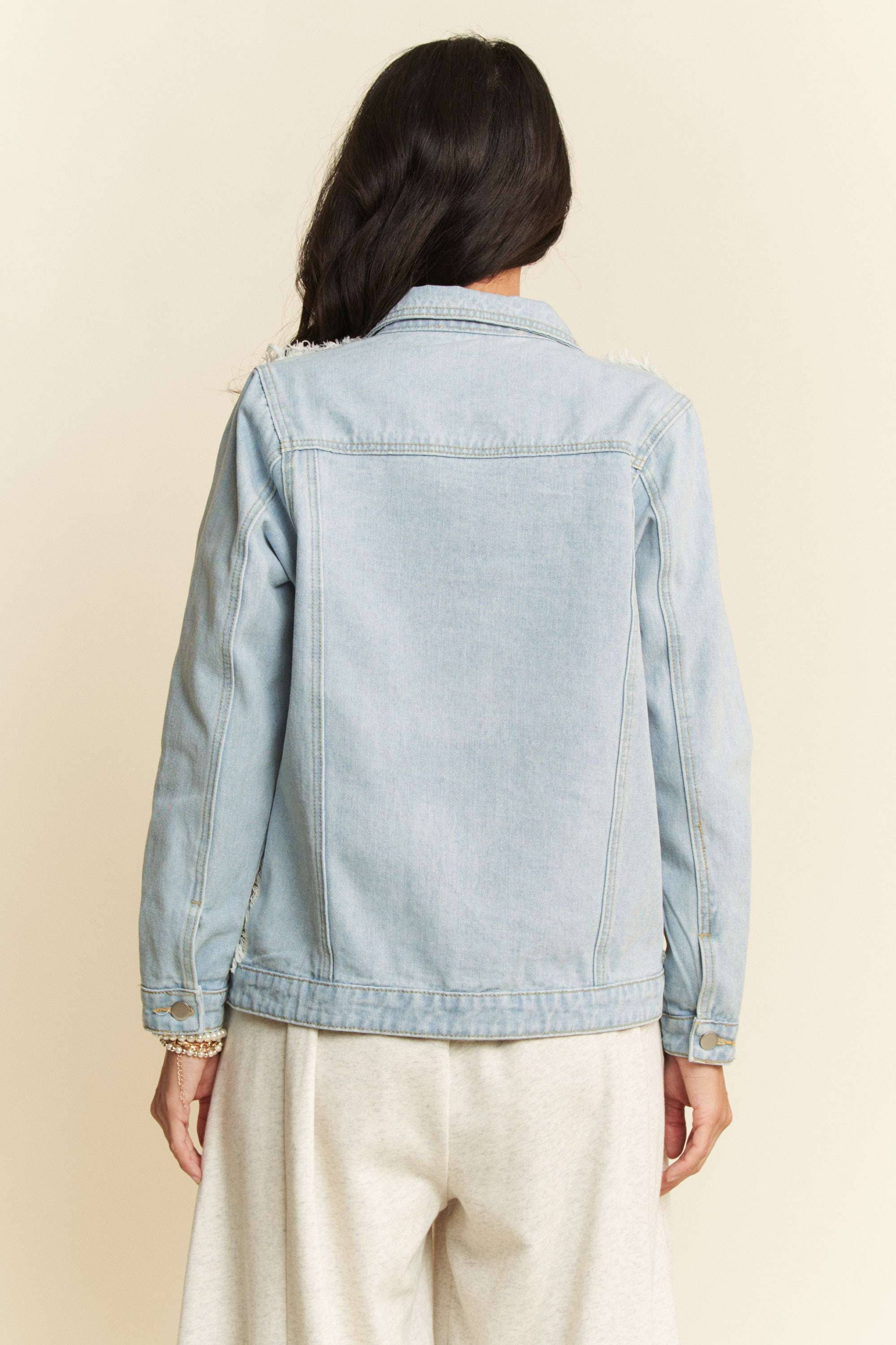 FRAYED LACE PANEL DENIM JACKET